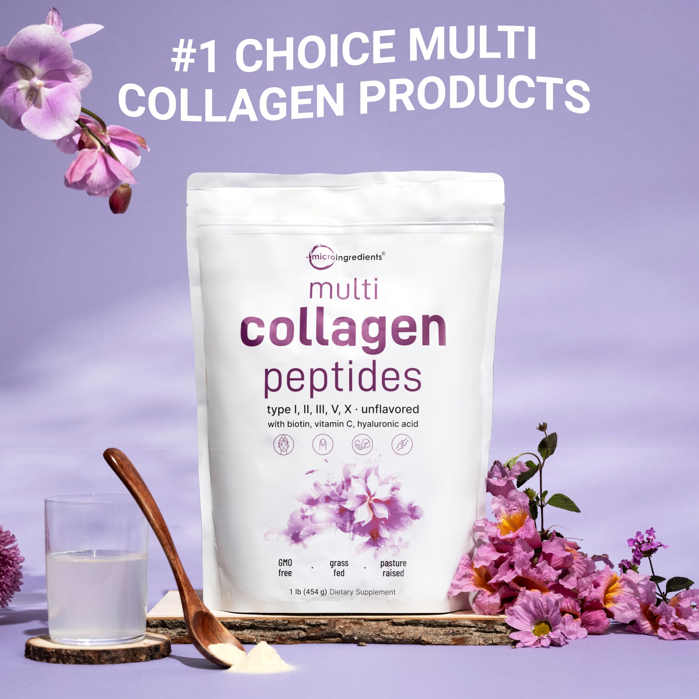 Micro Ingredients Multi Collagen Peptides Powder, 1lb – Hydrolyzed Type I,II,III,V,X with Biotin, Hyaluronic Acid, Vitamin C – Unflavored Collagen