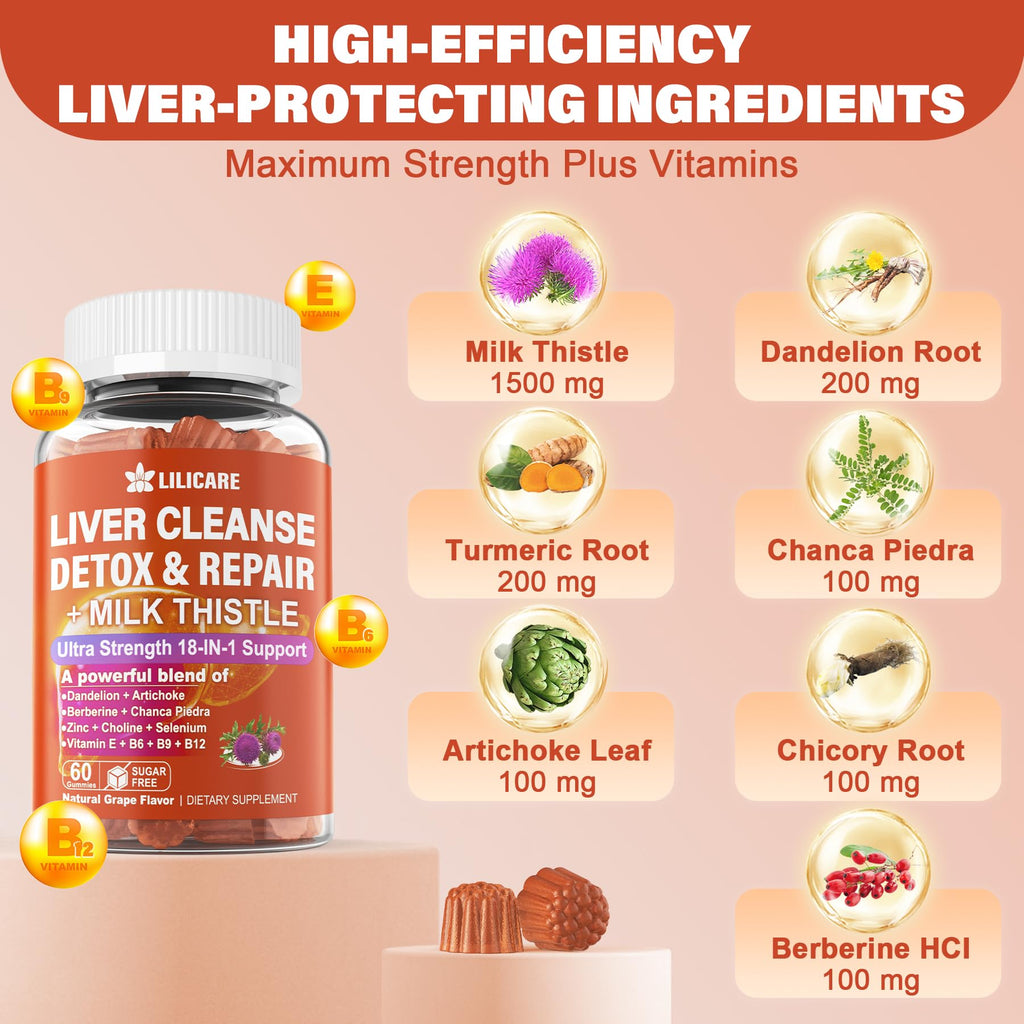 Milk Thistle Liver Detox Gummies, 18-IN-1 Liver Cleanse Detox & Repair Supplement with Berberine, Chicory Root, Turmeric, Artichoke, Dandelion Root, Chanca Piedra