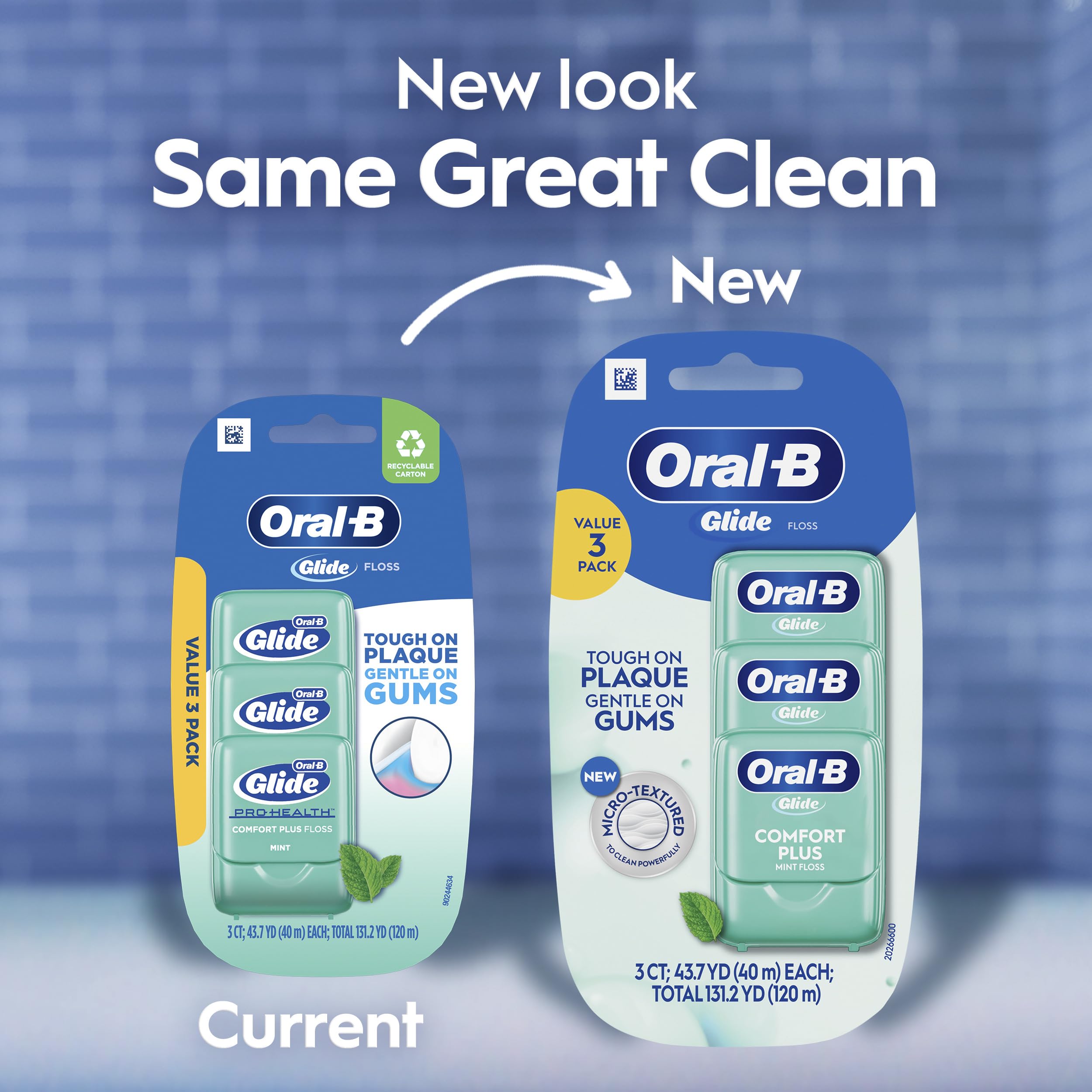 Oral-B Glide Dental Floss, Comfort Plus Mint, 3 Pack (131.2 YD Total) – Shred-Resistant Smooth Dental Tape for Tight Spaces, Natural Wax,
