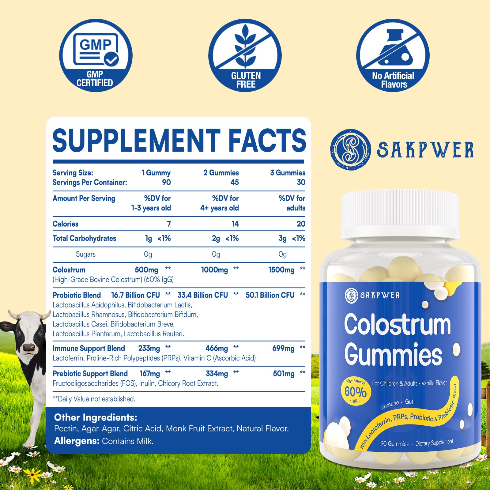 Sakpwer Bovine Colostrum Supplement Gummies - with 60% Highest IgG, Lactoferrin, Probiotics and Prebiotics for Adults and Kids