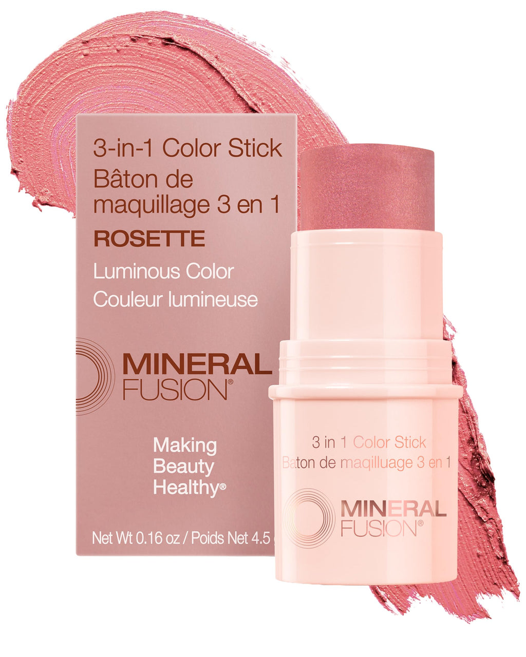 Mineral Fusion 3-in-1 Color Stick - Hydrating Cream Blush Tint for Cheek, Lip and Eye - Natural Multi Use Makeup (Rosette)