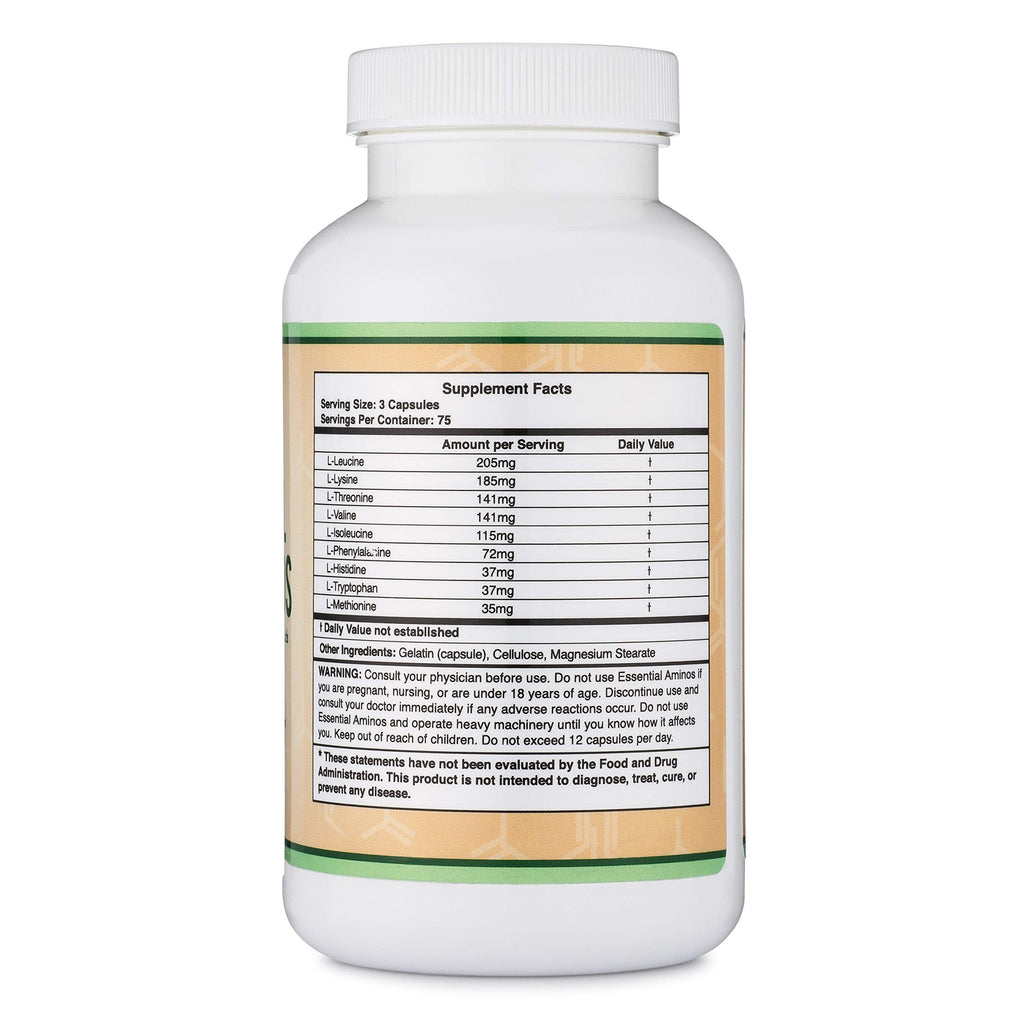 Essential Amino Acids - 1 Gram Per Serving Powder Blend of All 9 Essential Aminos (EAA) and All Branched-Chain Aminos (BCAAs) (Leucine, Isoleucine, Valine) 225 Capsules, Gluten Free by Double Wood Double Wood Supplements buy supplements Au