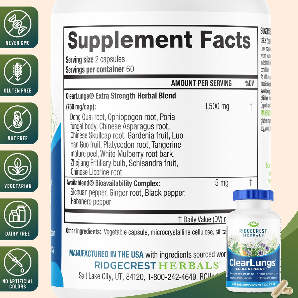RidgeCrest Herbals ClearLungs Extra Strength, Daily Health Supplement, Natural Lung and Nasal Wellness Formula (120 Vegan Caps, 60 Serv)