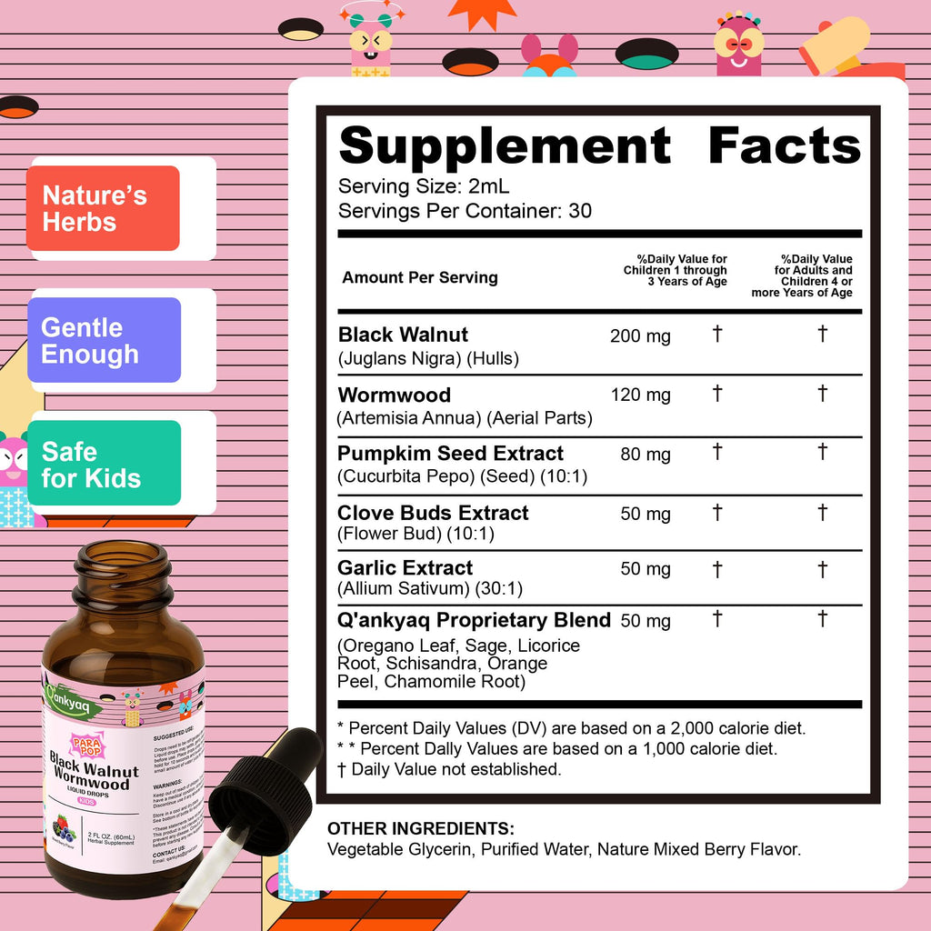 Q'ankyaq Black Walnut Wormwood Liquid for Kids, Gut Cleanse for Children Drops, Natural Detox Support, Gut & Immune Support with Cloves, Garlic,