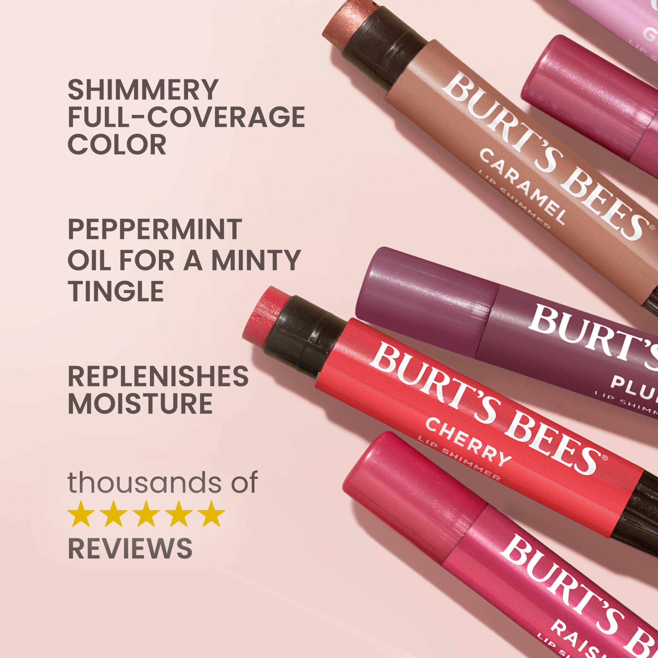 Burt's Bees Lip Shimmer Pink Collection, Tinted Lip Balm Stick, Moisturizing for All Day Hydration with Natural Glowy Pigmented Finish & Buildable Color, 3 Shades, Value Pack, 0.09 oz., Three Tubes