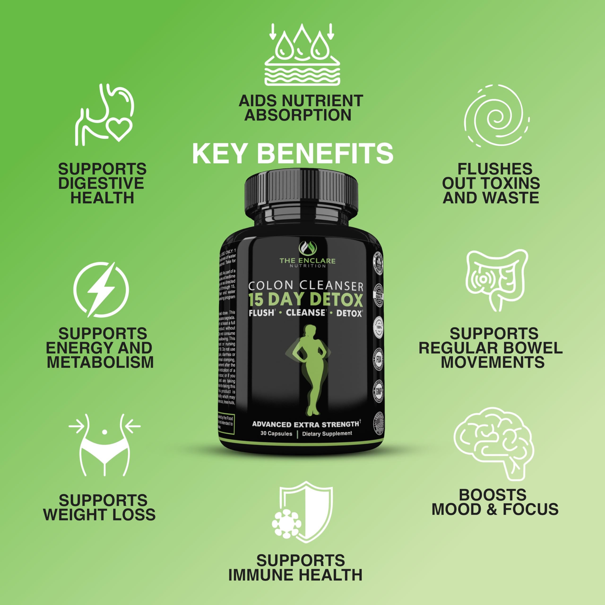 THE ENCLARE NUTRITION Colon Cleanse 15 Day Gut Cleanse Pills - Colon Cleanser for Women & Men - Psyllium Probiotic Laxatives for Constipation, Bloating Relief,