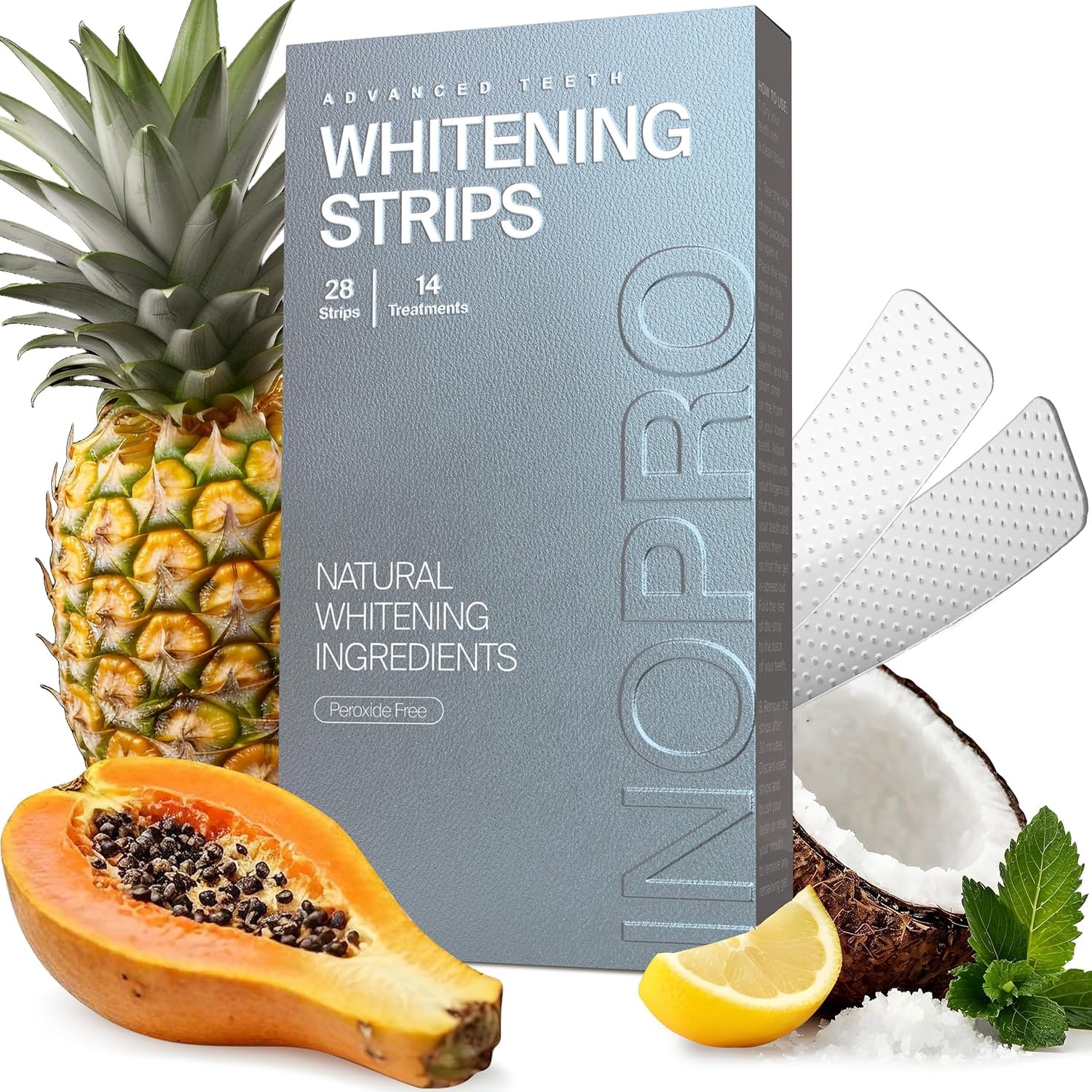 InoPro Natural Teeth Whitening Strips Kit 14 Treatments - Sensitive Teeth Whitener, Peroxide Free with Papain, Bromelain, Coconut Oil