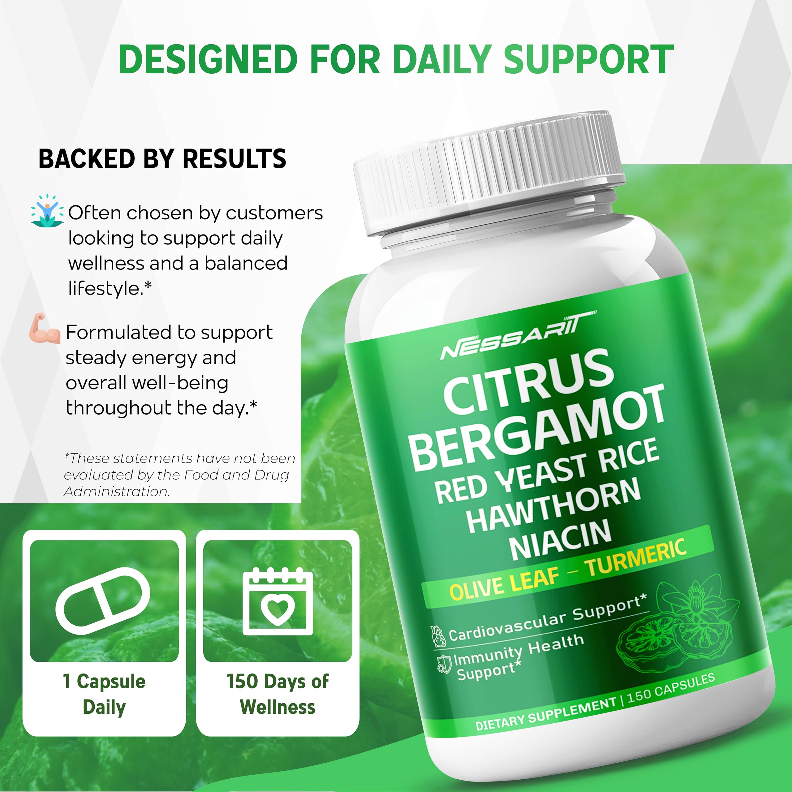 Citrus Bergamot Supplement - 15-in-1 Natural Blend with Red Yeast Rice Hawthorn Olive Leaf Odorless Garlic Turmeric Ginger Fenugreek - 150 Count