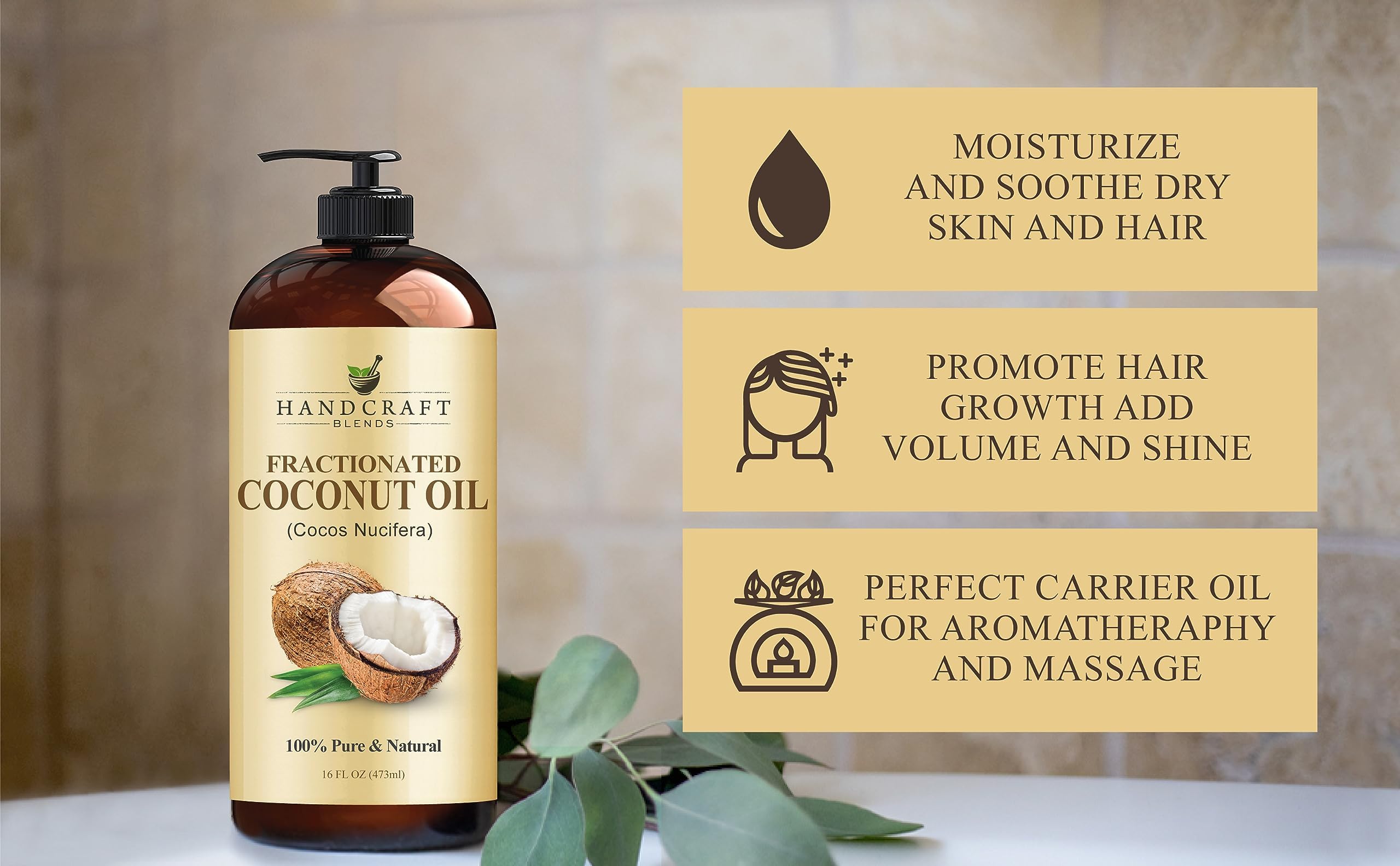 Handcraft Blends Fractionated Coconut Oil - 16 Fl Oz - 100% Pure and Natural - Premium Grade Carrier Oil for Skin, Hair and Body - Massage - Hair Tonic