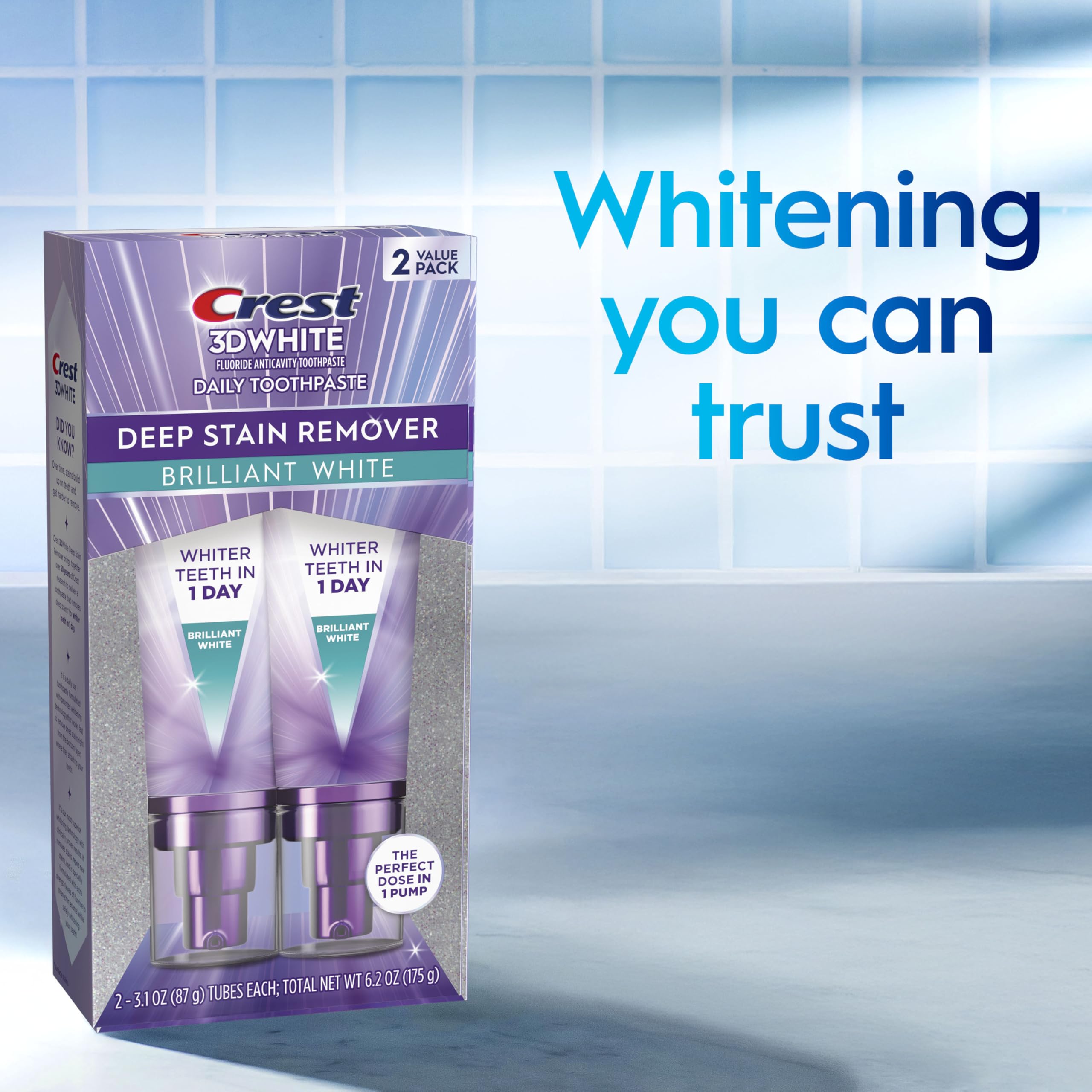 Crest 3D White Deep Stain Remover Toothpaste, Teeth whitening for Adults, 3.1oz, 2 Pack, Sensitivity Safe, Enamel Repair, Cavity Protection