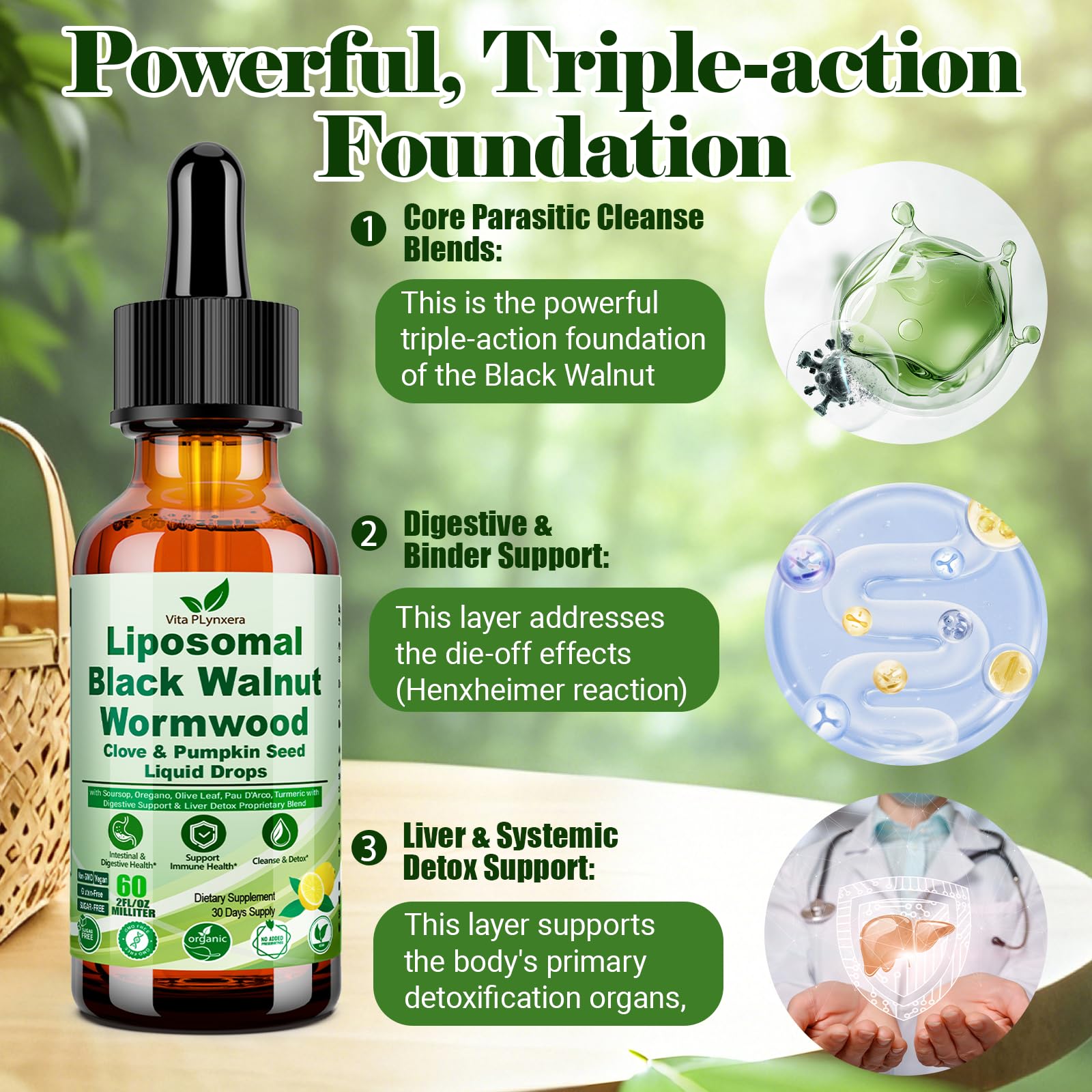 Wormwood Black Walnut Clove Cleanse Drops for Human, 15-in-1 Triple-Action Gut Detox & Digestive Wellness Organic Liquid Tincture w. Soursop PAU