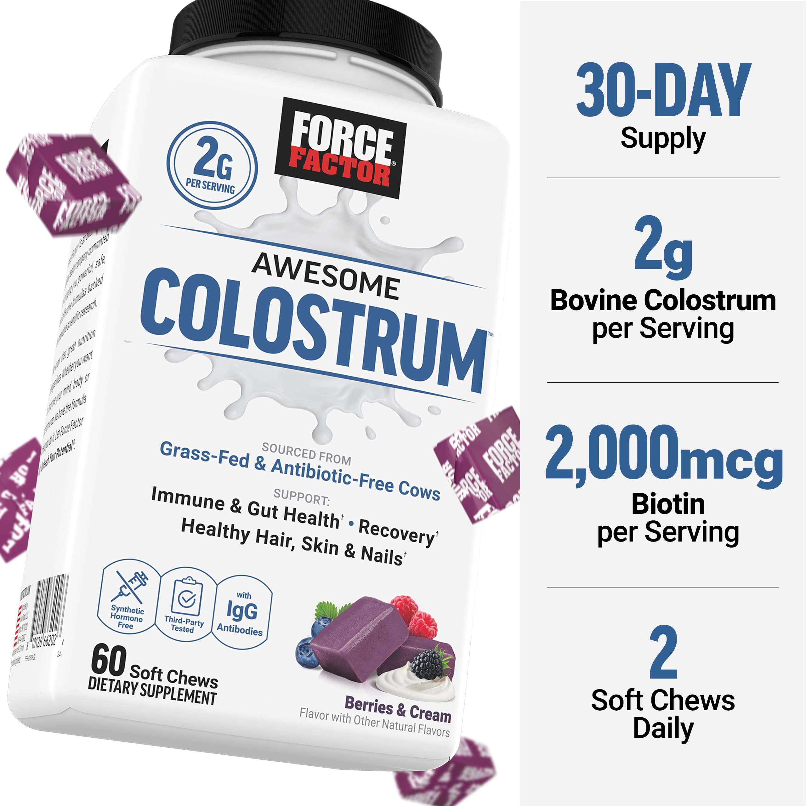 Force Factor Awesome Colostrum Supplement, Berries & Cream, 60 Soft Chews