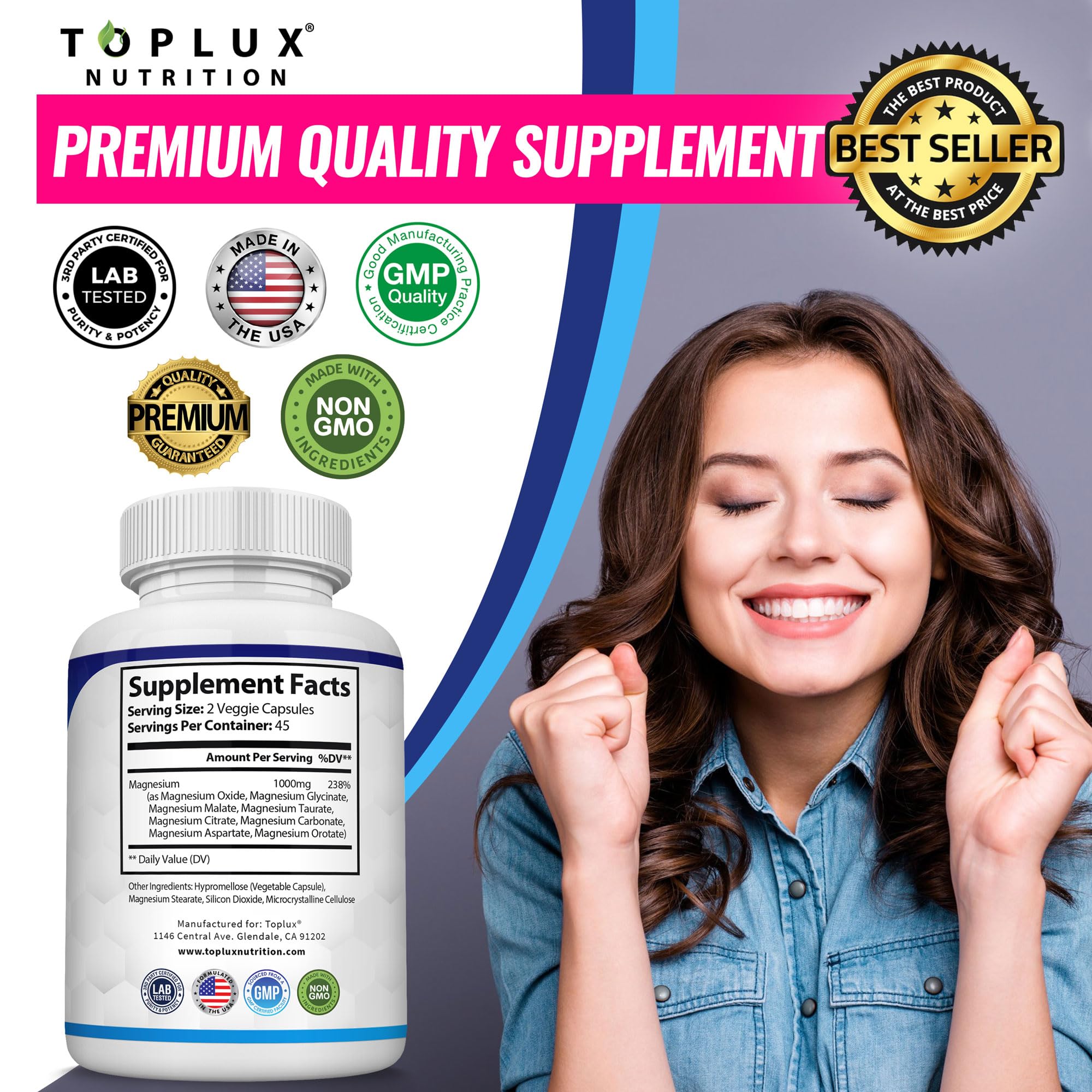 Magnesium Complex Supplement 8 Elemental 1000mg - Magnesium Glycinate, Citrate, Malate, Taurate, Chelated for Easy Absorption for Bones, Muscle, Recovery, Energy, Vegan Non-GMO 90 Capsules TopluxBuy Supplements Australia