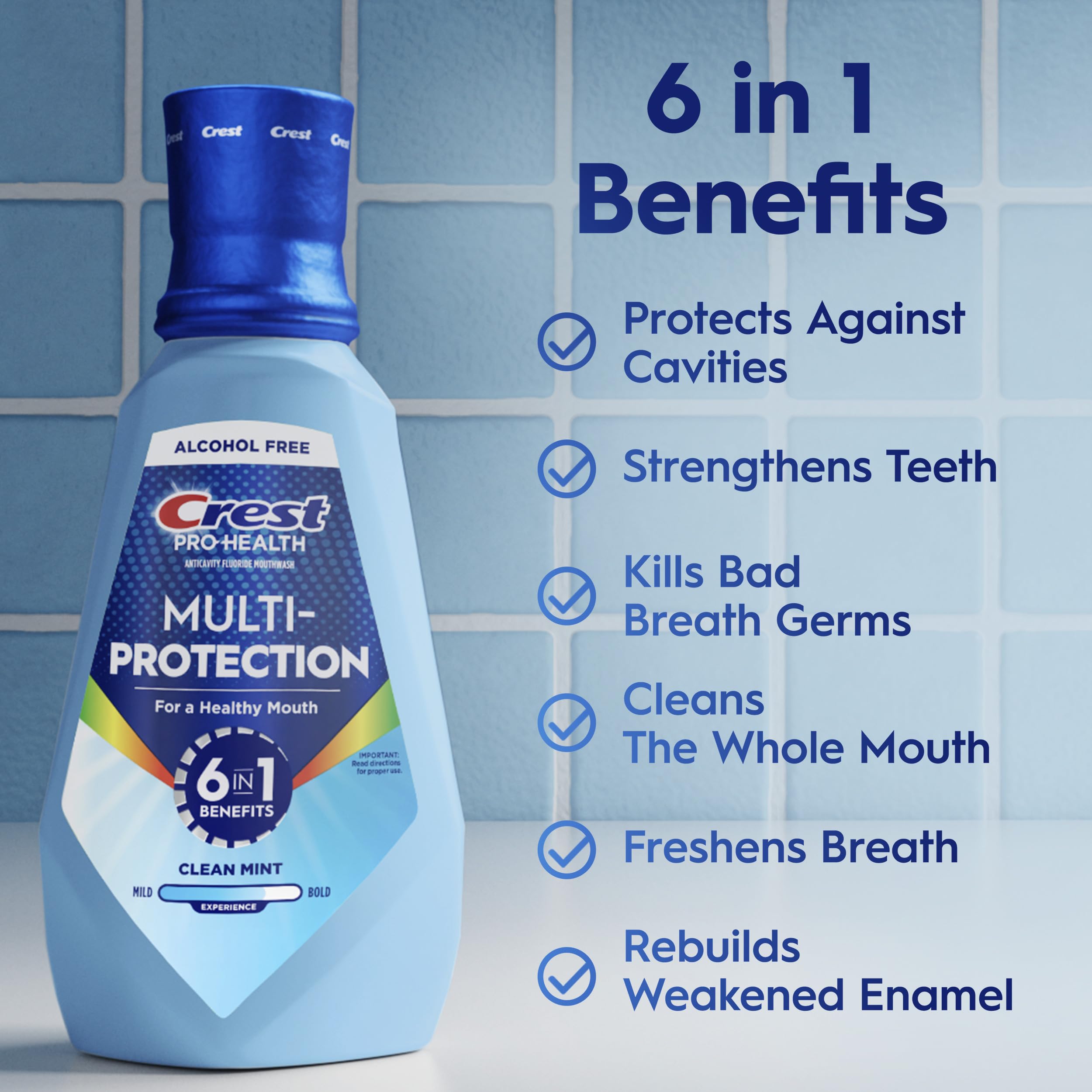 Crest Mouthwash Pro Health Multi-Protection, 1L, 2 Pack, 6-in-1 Benefits, Alcohol Free, Enamel Repair, Breath Freshener, Anti Cavity, Fluoride mouthwash, Bad Breath Treatment