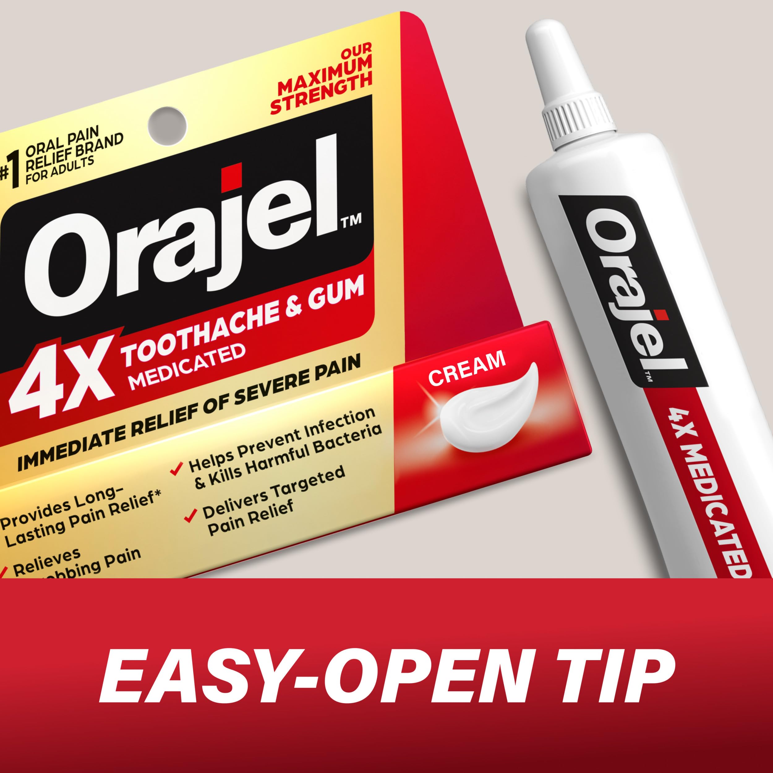 Orajel 4X for Toothache & Gum Pain: Severe Cream Tube 0.33oz- From Oral Pain Relief Brand
