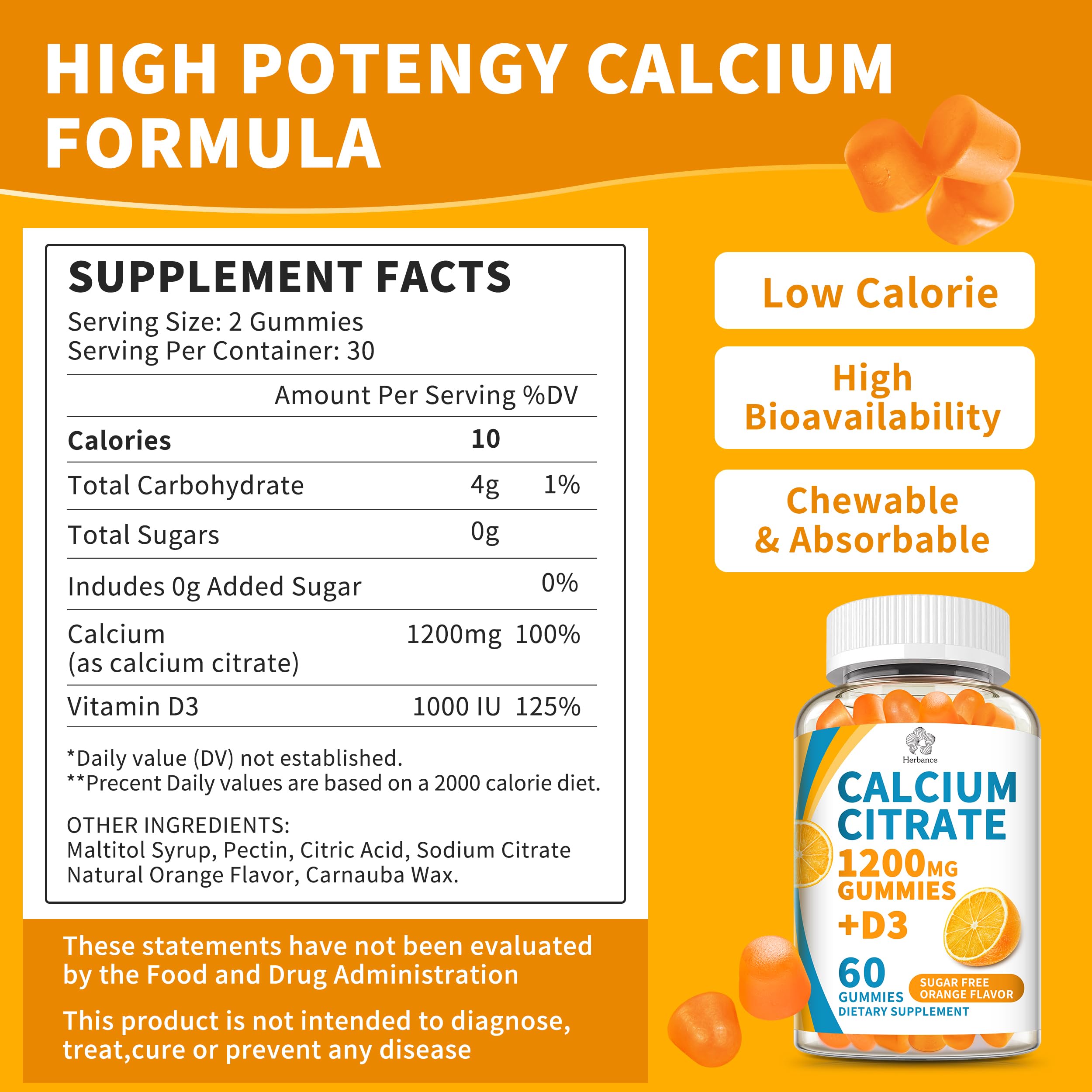 (3 Pack) Calcium Citrate 1200 mg Gummies with Vitamin D3, High Absorption Calcium Supplements for Women & Men, Sugar Free, Non-GMO, Gluten Free,