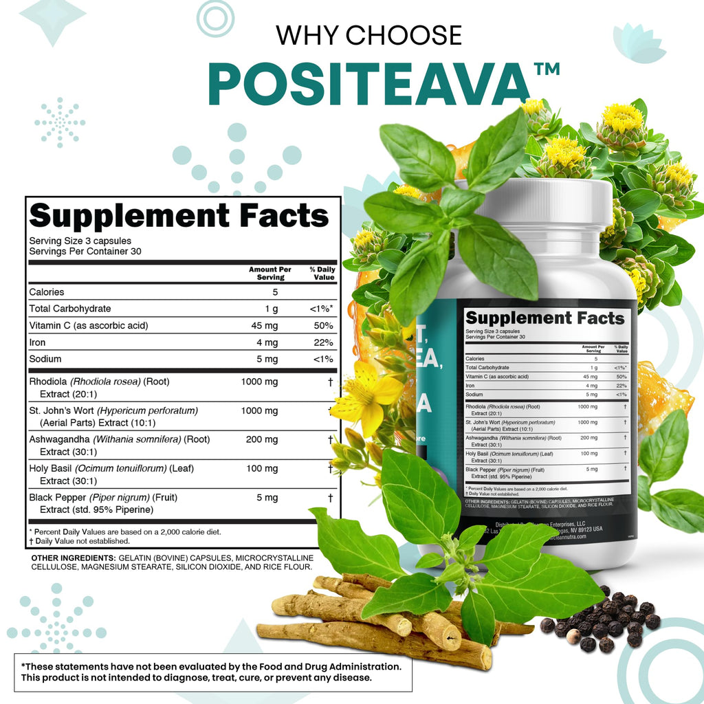 Clean Nutraceuticals St Johns Wort Rhodiola Rosea Holy Basil Ashwagandha - Mood Support for Women and Men with Vitamin C & Black Pepper Extract - 90 Caps