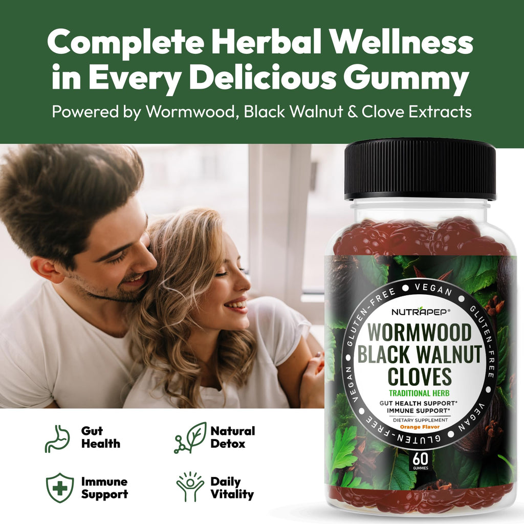 NutraPep Wormwood Black Walnut & Cloves Gummies - Gut Health Immune Support & Natural Detox Cleanse Traditional Herbal Supplement - Vegan Gluten-Free
