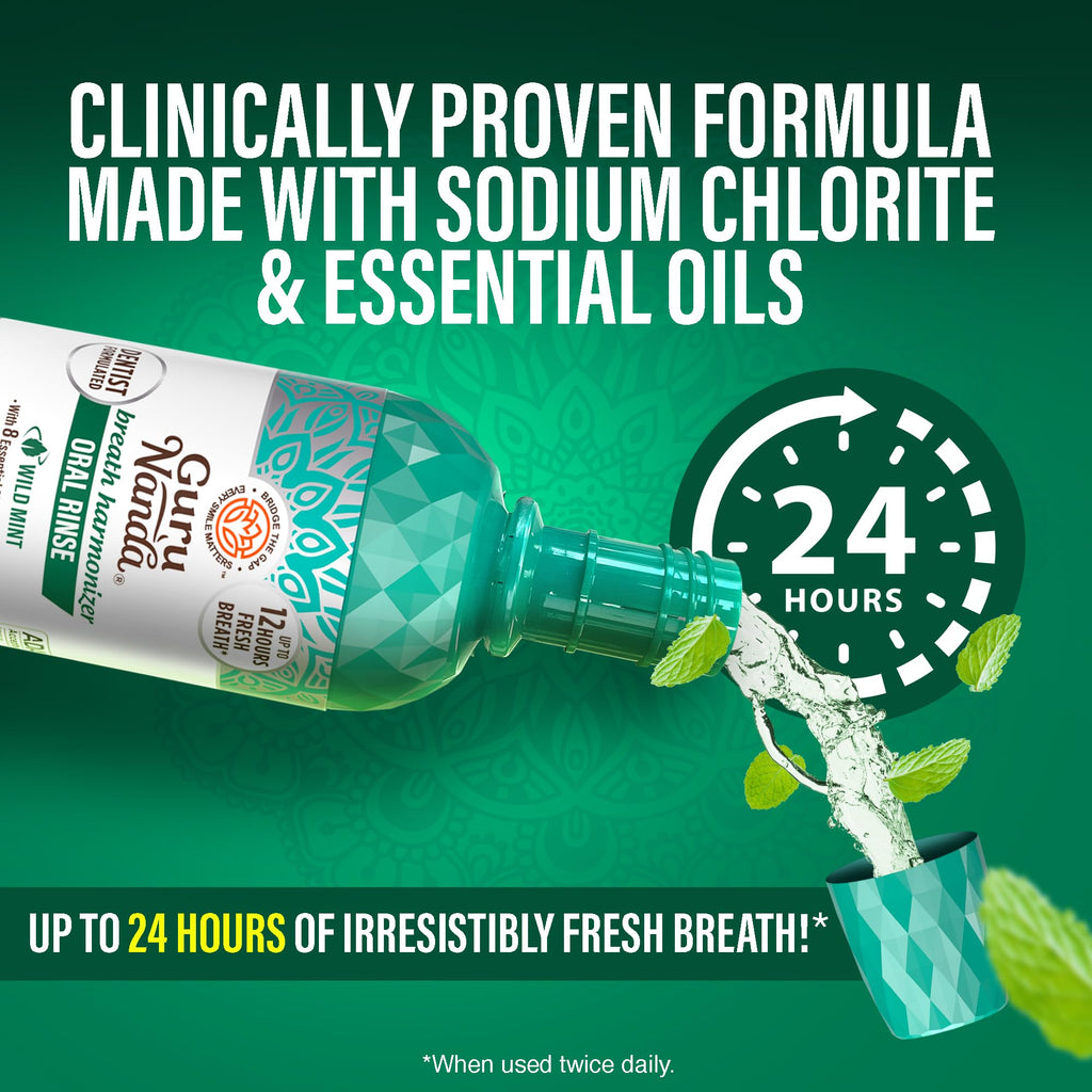 GuruNanda Oral Rinse Fresh Breath Mouthwash, ADA-Accepted Alcohol-Free Mouthwash, 7 Essential Oils & Vitamins, SLS & Flouride-Free, Wild Mint, 16 Oz