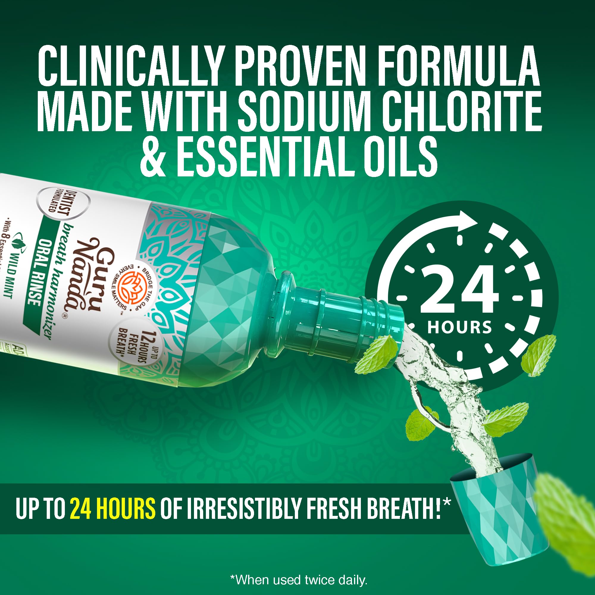 GuruNanda Oral Rinse Fresh Breath Mouthwash, ADA-Accepted Alcohol-Free Mouthwash, 7 Essential Oils & Vitamins, SLS & Flouride-Free, Wild Mint, 16 Oz