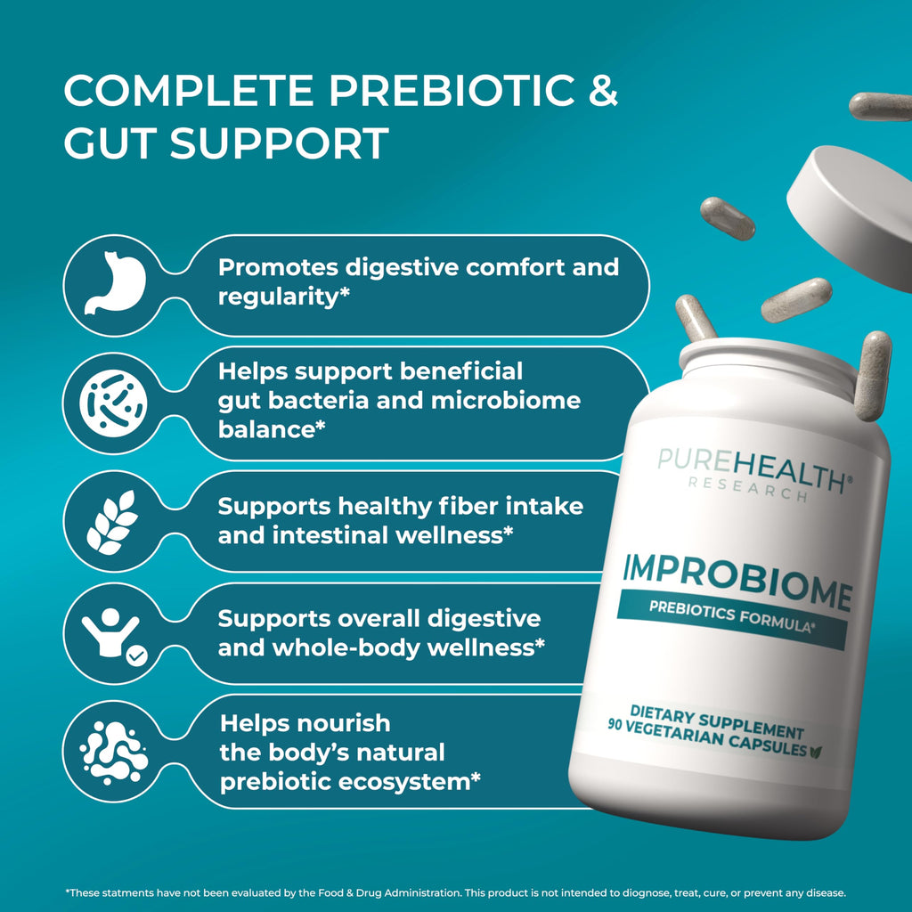 PUREHEALTH Research Improbiome - Prebiotic Fiber - Natural Support for Healthy Gut Prebiotics - Digestive Nutritional Supplements - with Jerusalem Artichoke, Apple Pectin & More - 90 Capsules PUREHEALTH RESEARCHBuy Supplements Australia