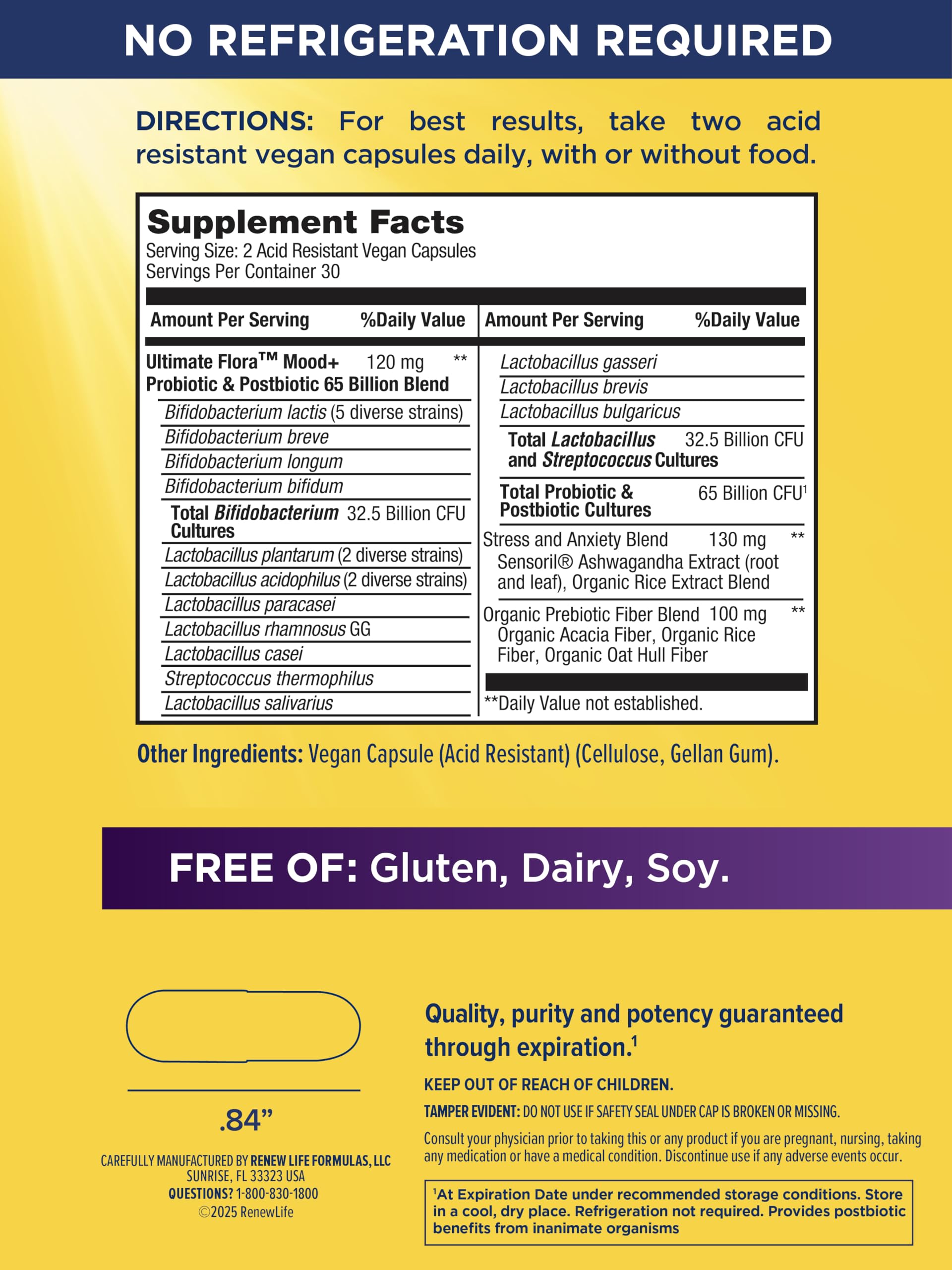 Renew Life Ultimate Flora Probiotics Daily Mood Support 65 Billion CFU Delayed Release Vegan Capsules with Ashwagandha | Digestive Health