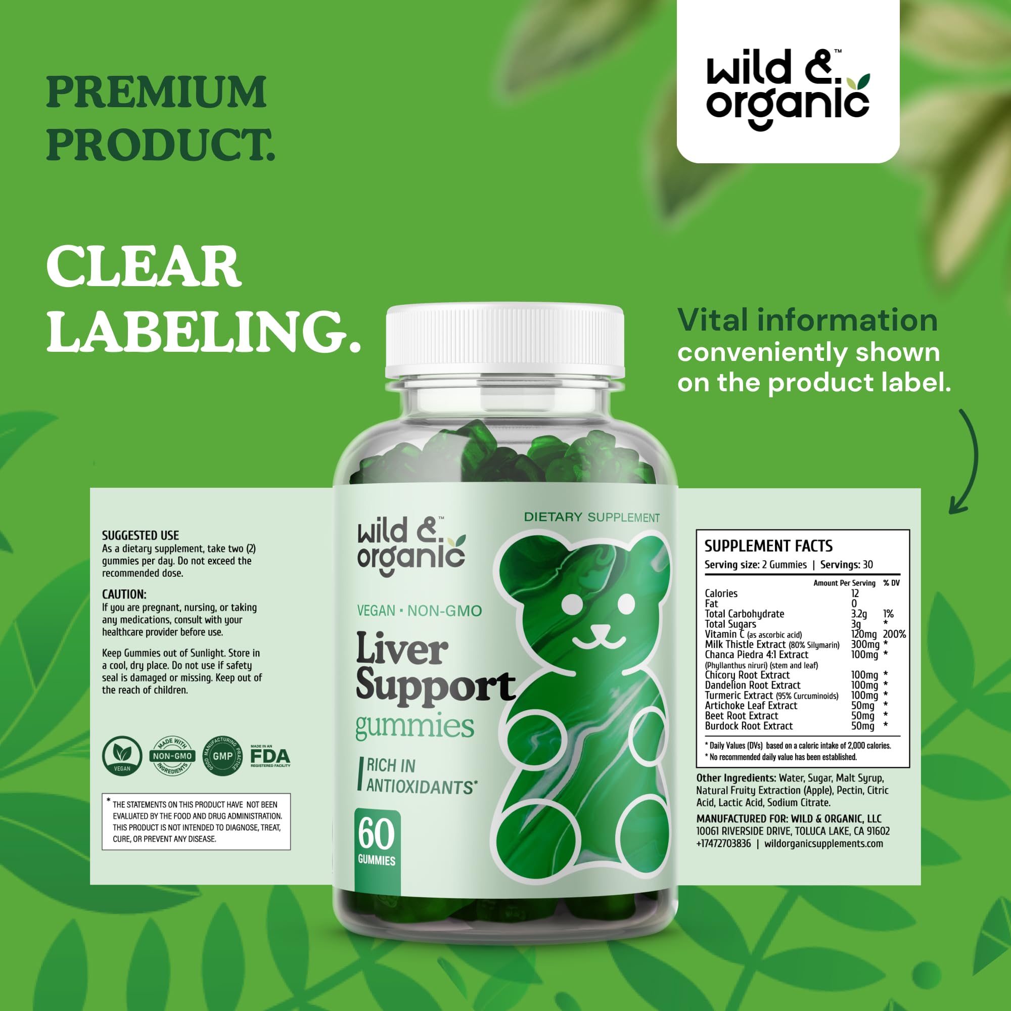 Wild & Organic Liver Support Gummies - Milk Thistle, Dandelion Root Extract for Liver Cleanse Detox - 60 Silymarin Milk Thistle Gummies