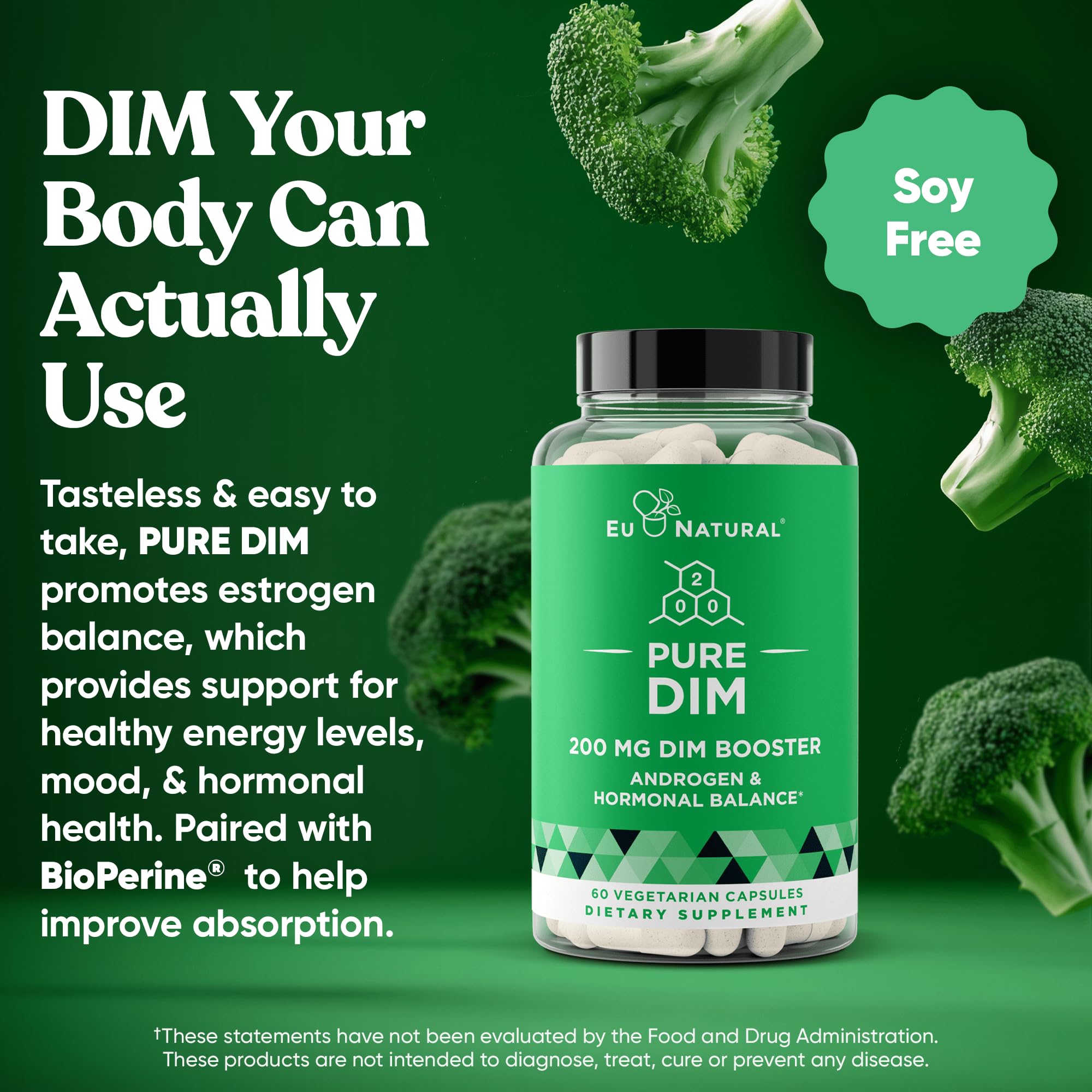 DIM Supplement Pure 200 Mg for Women or Men - Estrogen Hormone Balance Supplement for Energy, Fatigue, Stress, Menopause, Hot Flashes - Enhanced Bioavailability BioPerine - 60 Vegan Soft Capsules Eu Natural buy supplements Au