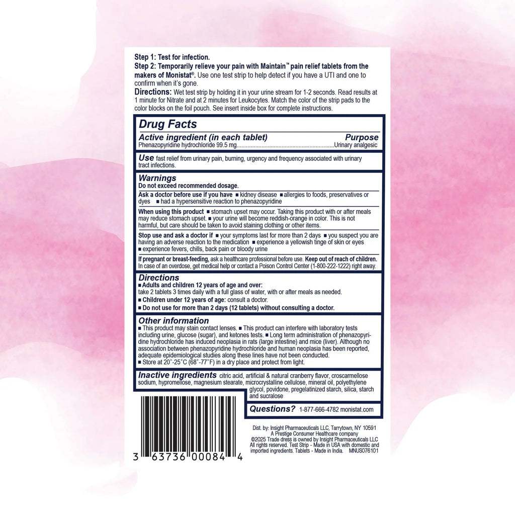 Monistat Maintain UTI 2-in-1 Test & Pain Relief Kit, 2 Test Strips & 12 Urinary Pain Relief Tablets, 2 Minute Results and Maximum Strength Pain, Burning and Urgency Relief MonistatBuy Supplements Australia