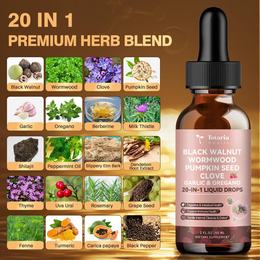 Totaria 20 in 1 Black Walnut Wormwood Tincture - Clove,Pumpkin Seed,Garlic,Oregano