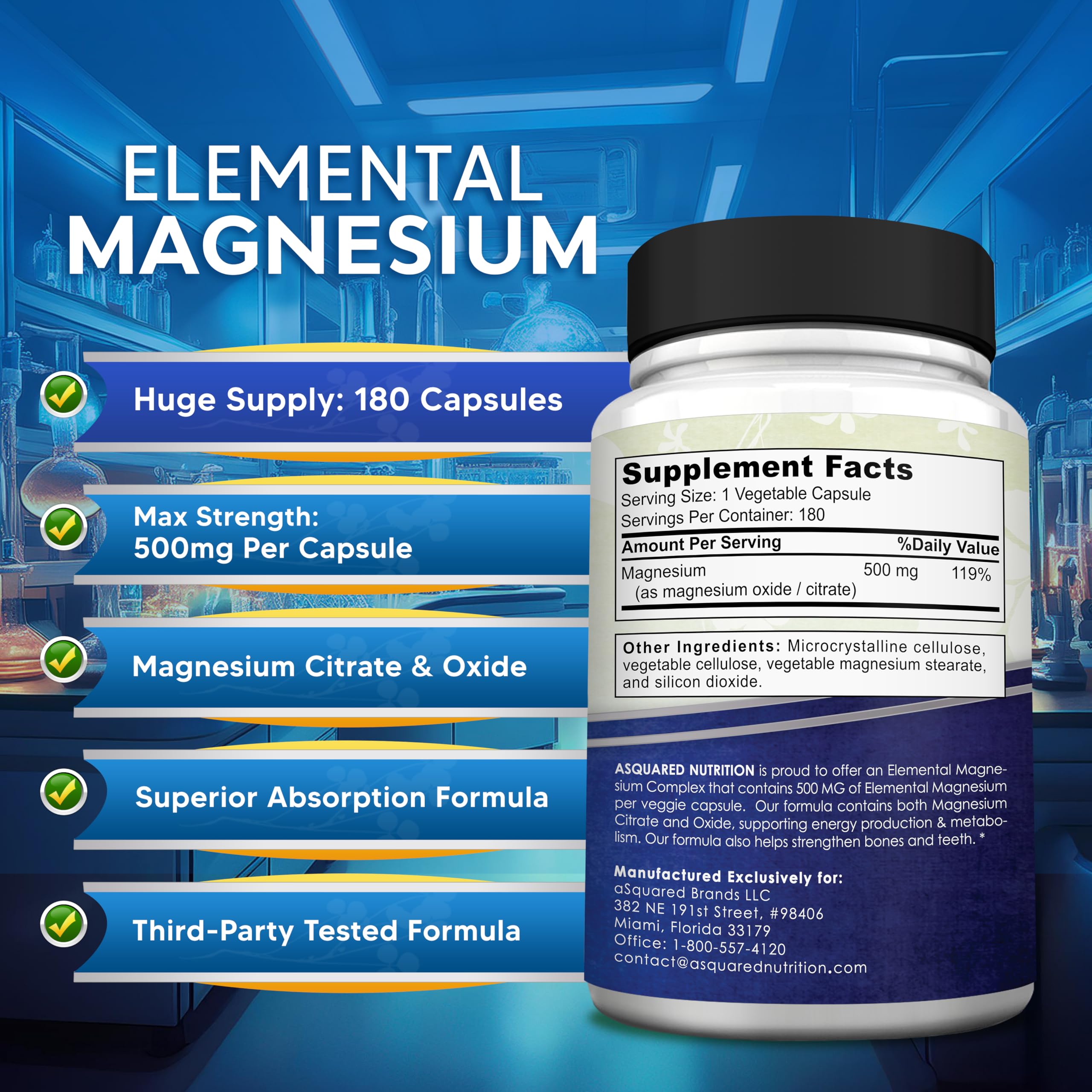 aSquared Nutrition Proprietary Magnesium 500mg – High Absorption Magnesium Citrate & Oxide – 180 Veggie Capsules, 180 Day Supply