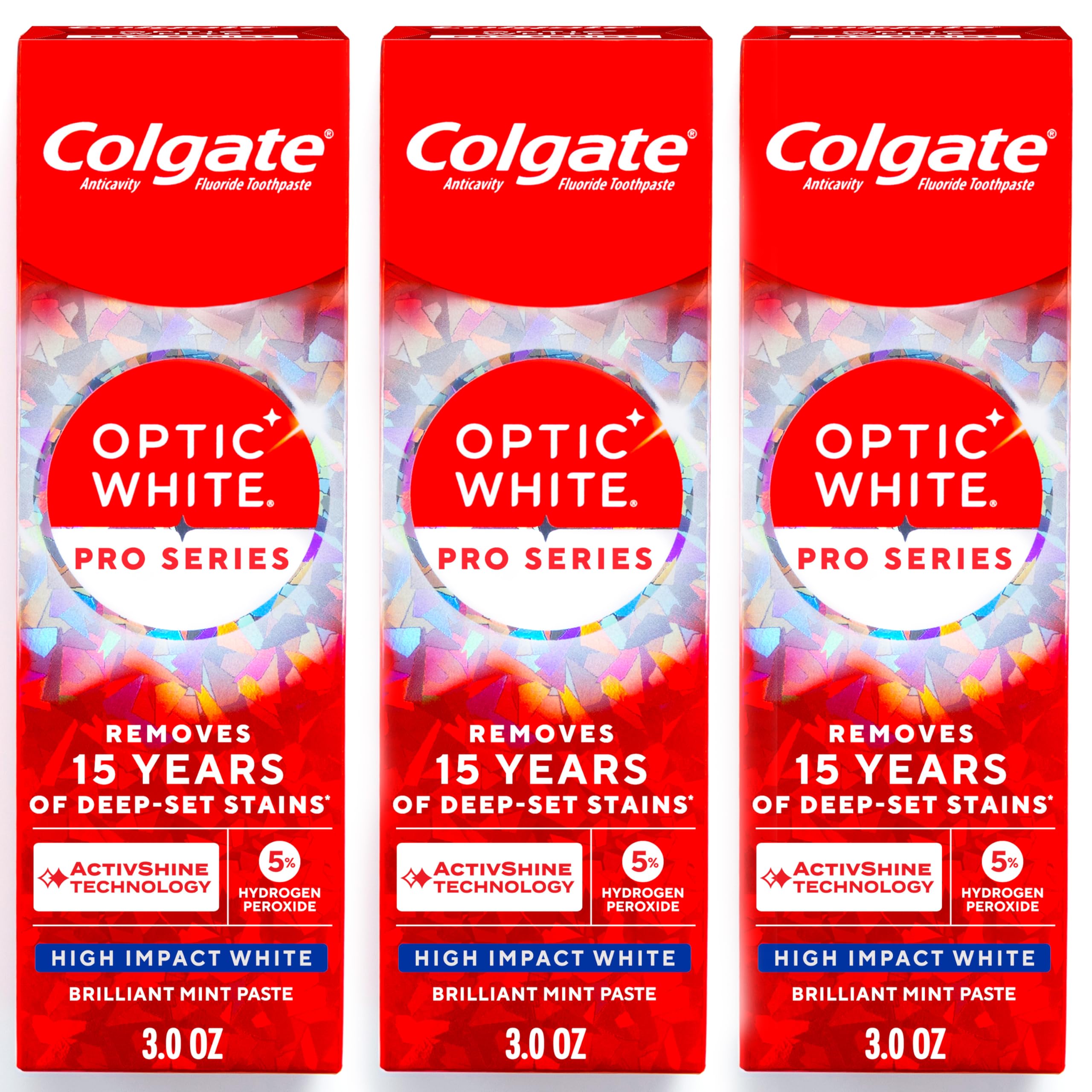 Colgate Optic White Pro Series High Impact White, 3 Pack, Teeth Whitening Toothpaste with 5% Hydrogen Peroxide and ActivShine