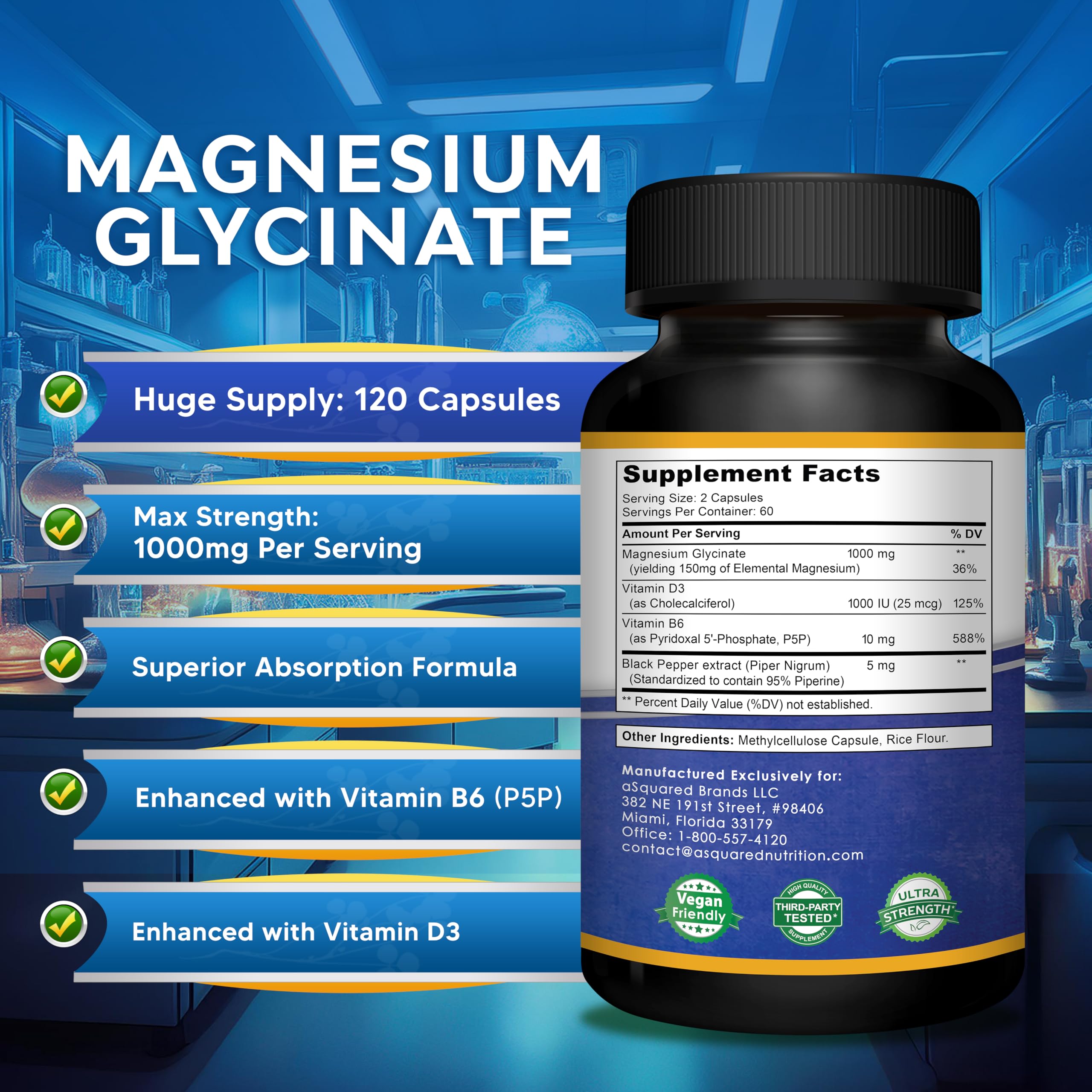 Magnesium Glycinate 1000mg with Vitamin D3 & B6-500mg per Capsule - Pure Elemental Mag Supplement Complex for Sleep, Muscle, Bone Health - Replace Gummies, Tablets & Powder - 120 Capsules aSquared NutritionBuy Supplements Australia