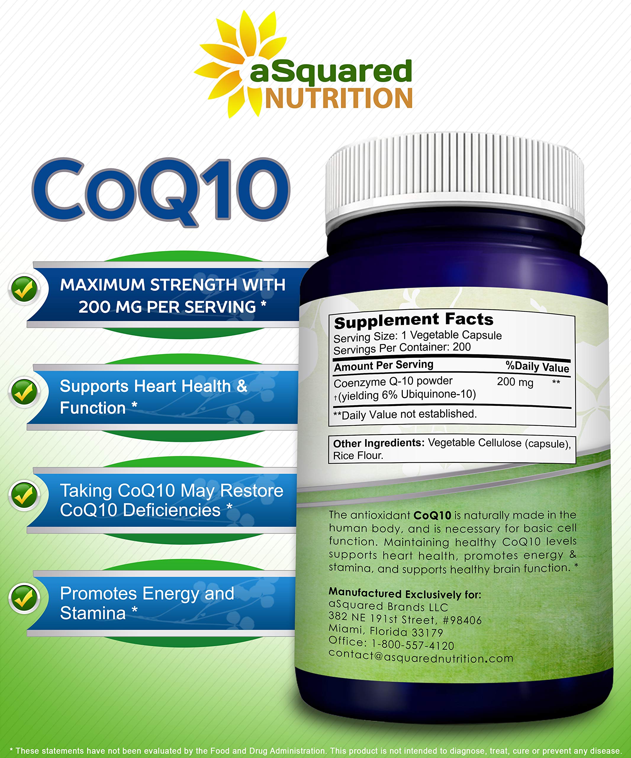 aSquared Nutrition CoQ10 (200 Capsules and 200mg) - High Absorption Vegan CO Q-10 Powder - Enzyme Ubiquinone Supplement Pills, Extra Antioxidant Coenzyme Q10 Vitamin