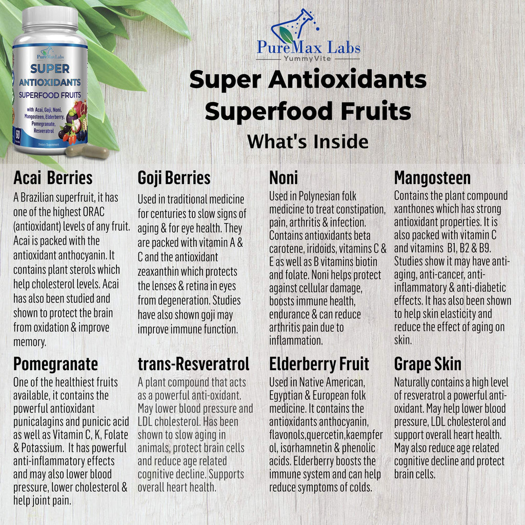 Super Antioxidant Fruit Superfood Complex - Powerful Antioxidant Superfruits, Acai, Goji, Noni, Mangosteen, Pomegranate, Elderberry, Resveratrol,