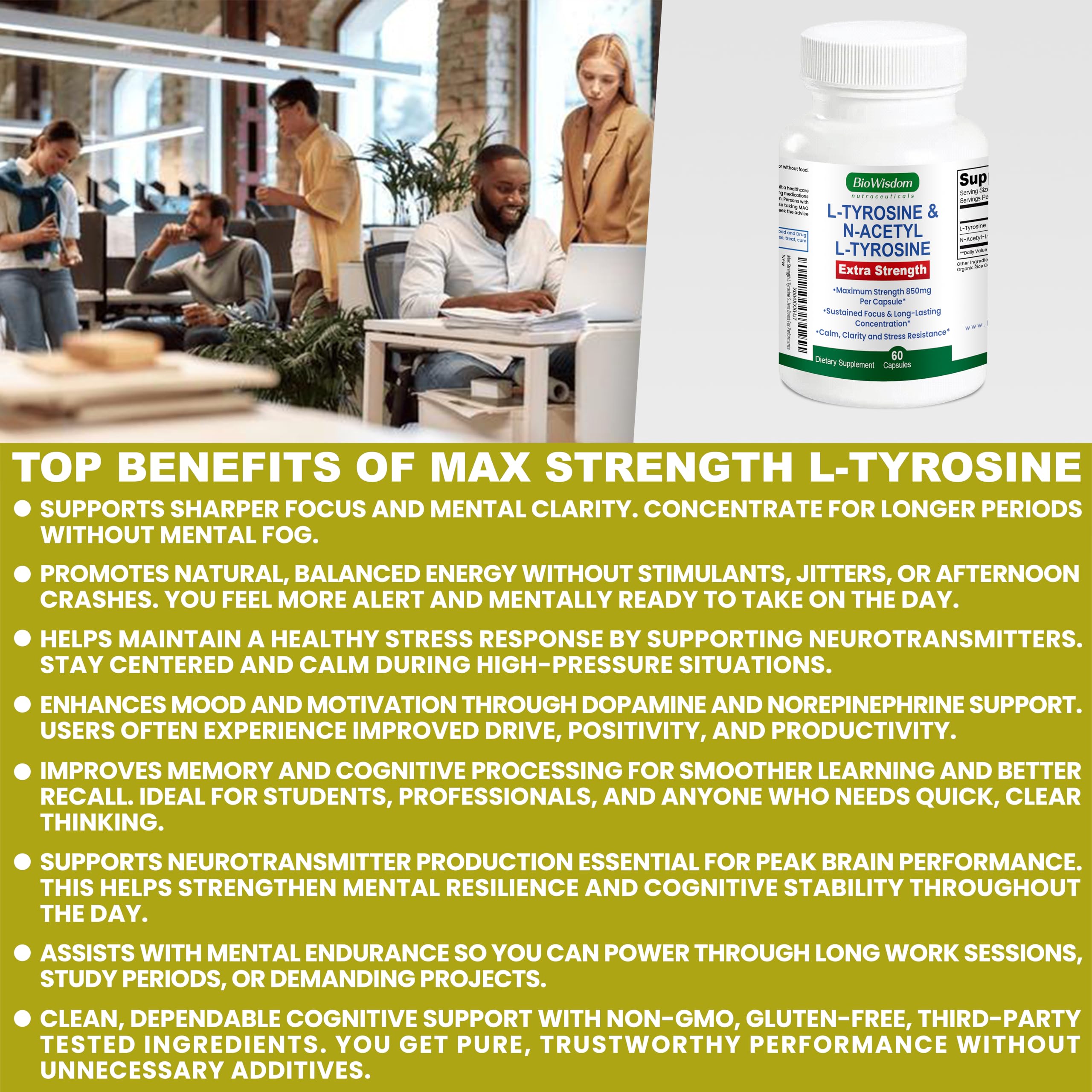 Max Strength L Tyrosine Supplement & N Acetyl L Tyrosine Peak Focus, Alertness, Concentration, Body & Mind Energy. L-Tyrosine 850mg Per 1 Capsule. A Well-Being Nutrient Boost For Performance BioWisdom NutraceuticalsBuy Supplements Australia