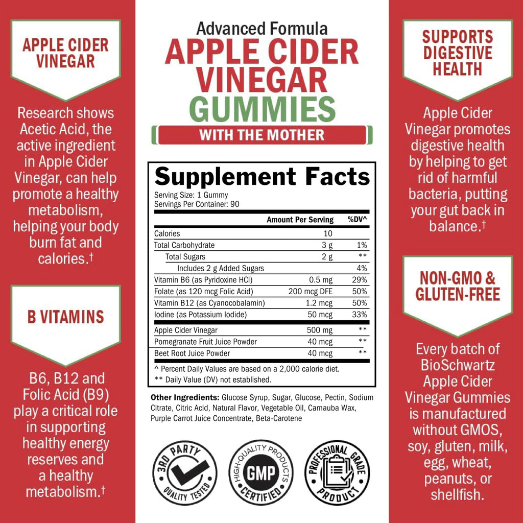 Apple Cider Vinegar Gummies - ACV Gummies with The Mother for Women & Men - Energy Boost Bloat Digestive & Immune Support - Vitamin B12 B6 B 9 Folic Acid