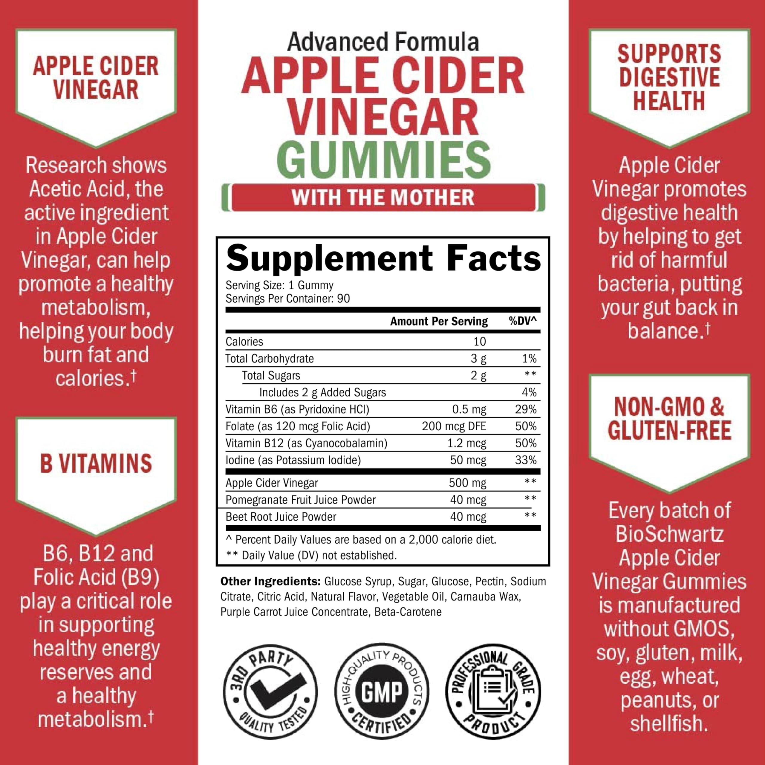 Apple Cider Vinegar Gummies - ACV Gummies with The Mother for Women & Men - Energy Boost Bloat Digestive & Immune Support - Vitamin B12 B6 B 9 Folic Acid
