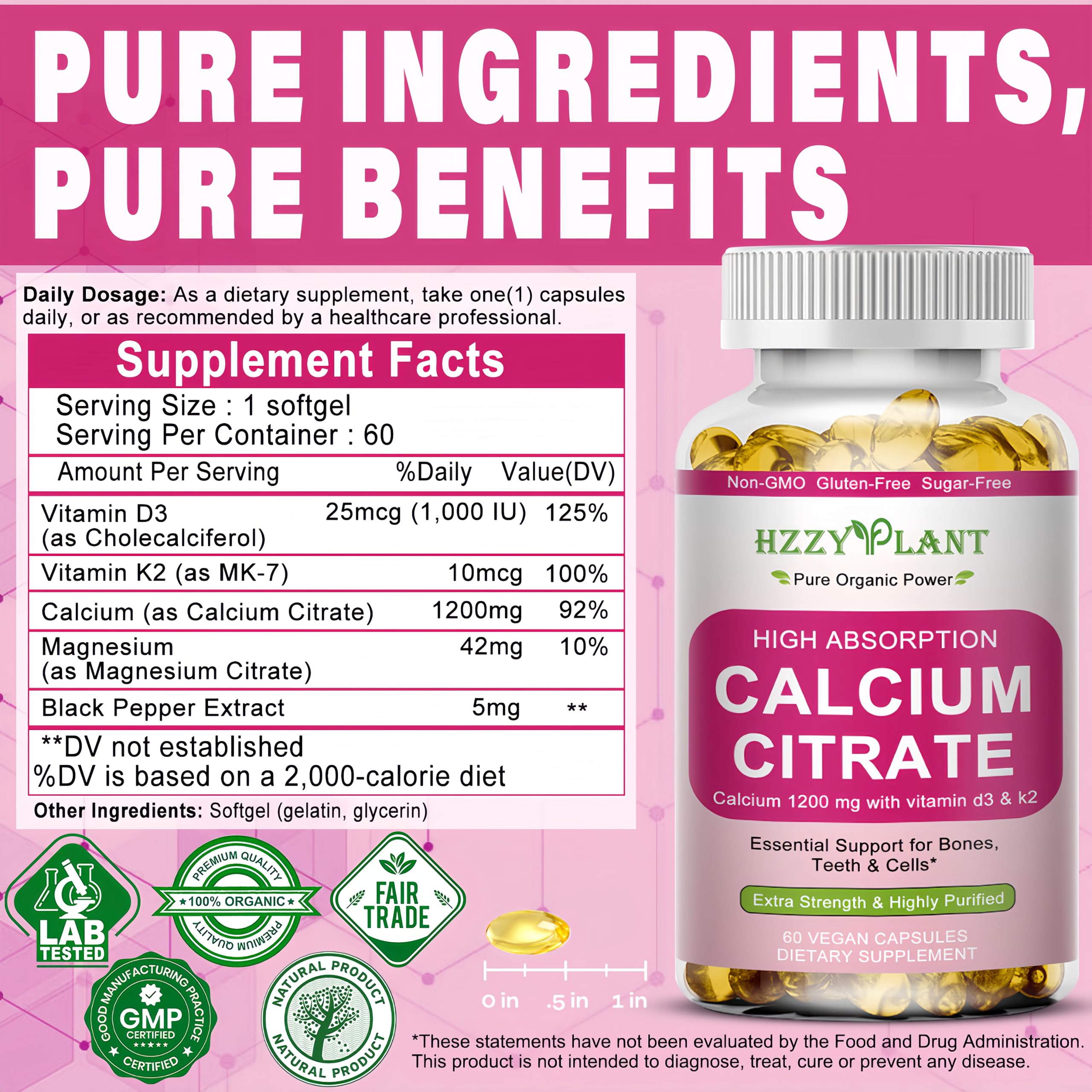 Calcium Supplements for Women Softgels, High Absorption Calcium Citrate Supplement Essential Mineral Calcium 1200 mg with Vitamin D3 Magnesium for Bone Health Support