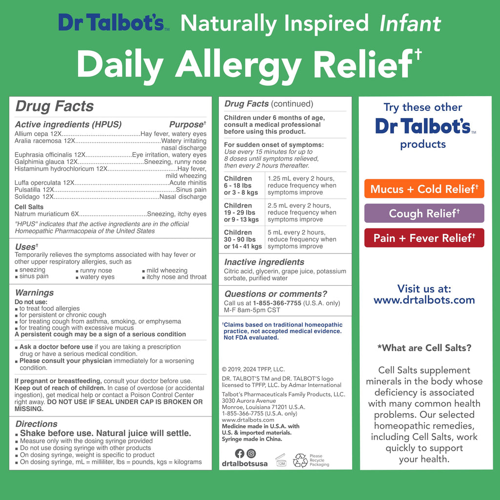 Dr. Talbot's Infant Daily Allergy Relief Liquid Medicine, Naturally Inspired for Babies, Includes Syringe, Grape Juice Flavor, Purple, 4 Fl Oz