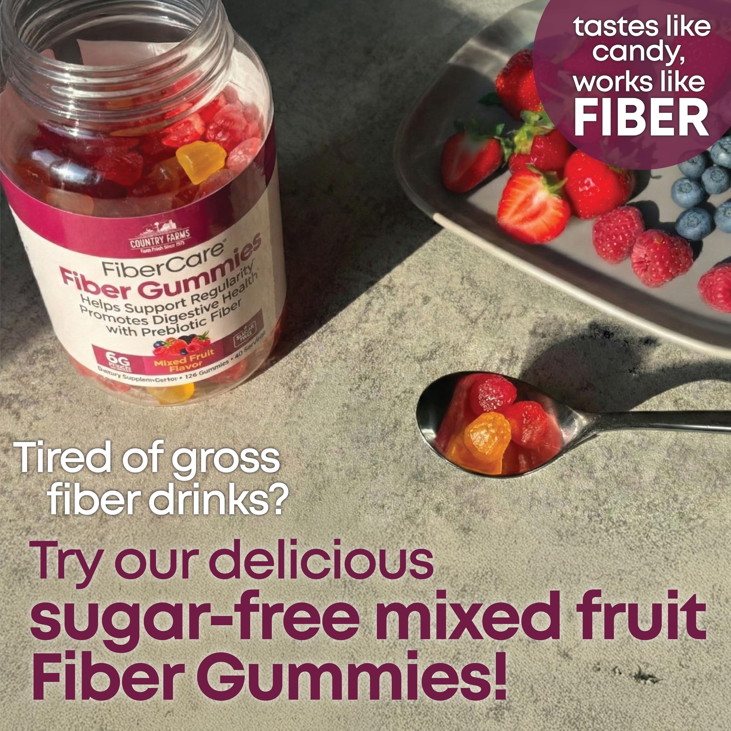 Country Farms Fiber Care Prebiotic Gummies, 6g of Fiber Per Serving, , FOS from Beets, Digestive Health and Bloat, Supports Regularit