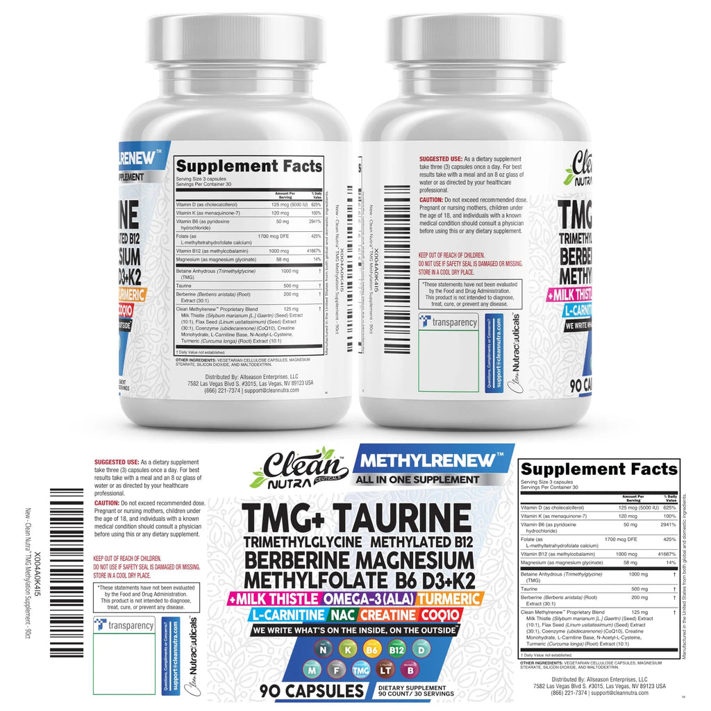 Clean Nutra TMG Supplements 1000mg | Methylated Multivitamin for Women Men | Taurine B6 Vitamins B12 D3 K2 Trimethylglycine Magnesium Clean Nutraceuticals